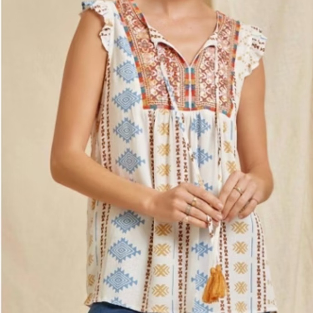 Savanna Jane Aztec Flutter Sleeve Tank Top Embroidered Blouse Top Shirt Small S
